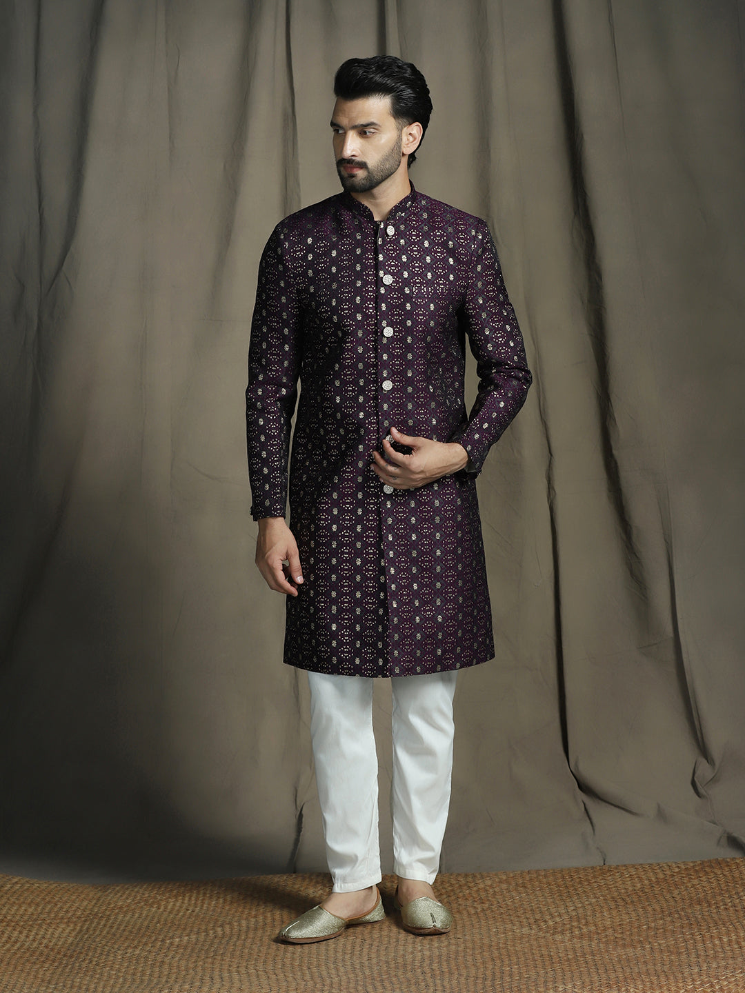 Zavaya Purple Embroidery Jacquard Sherwani Pyjama Set for Men