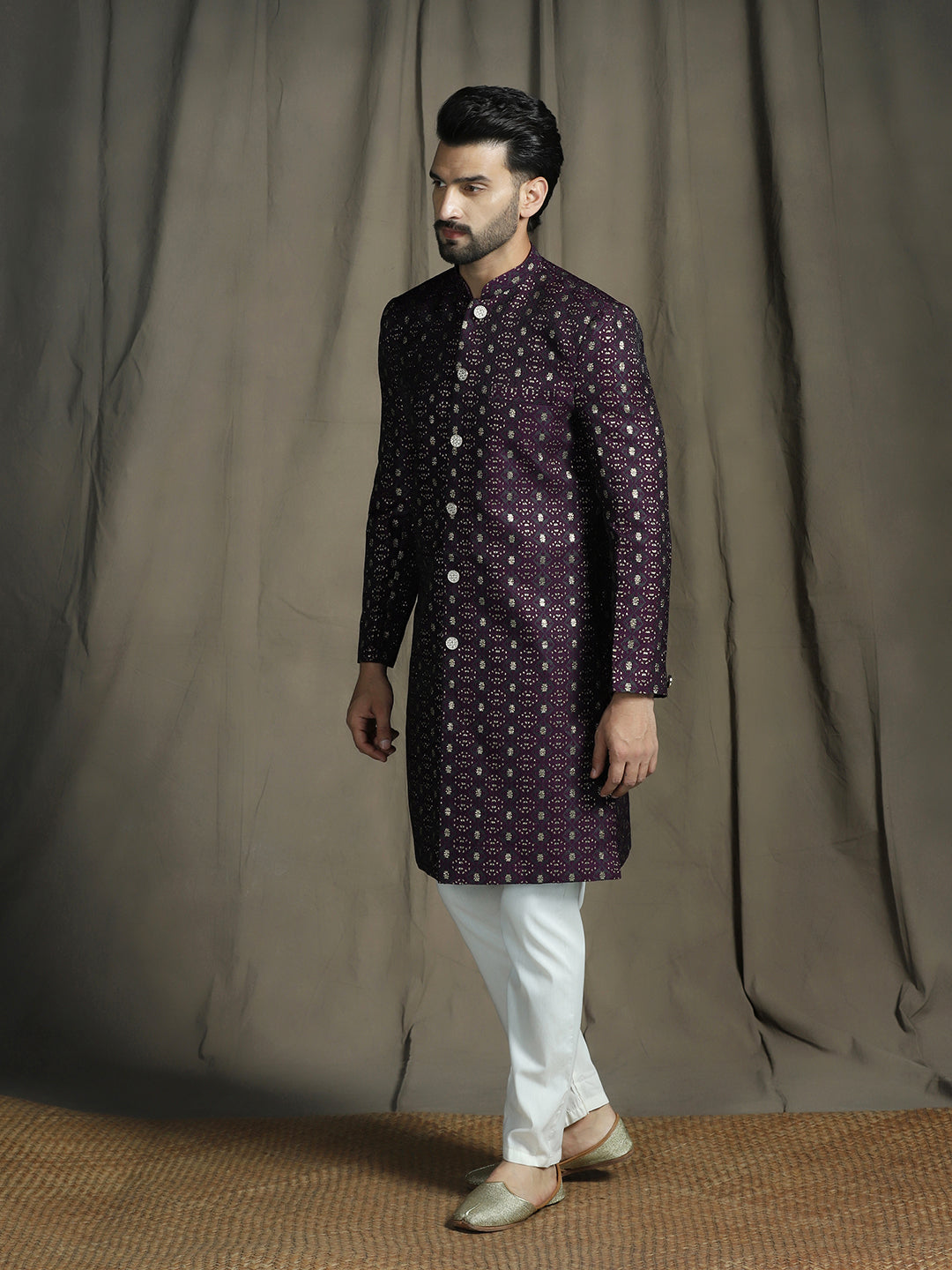 Zavaya Purple Embroidery Jacquard Sherwani Pyjama Set for Men