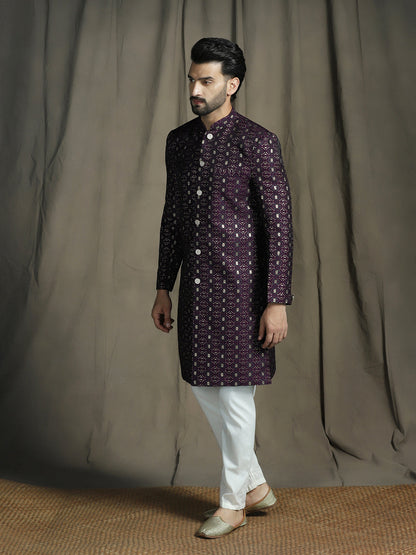 Zavaya Purple Embroidery Jacquard Sherwani Pyjama Set for Men