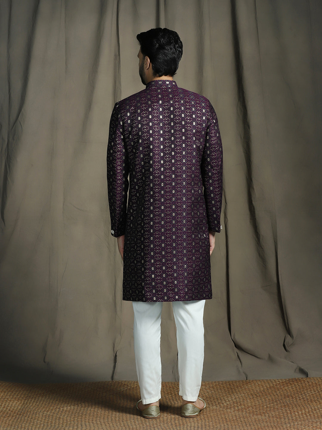 Zavaya Purple Embroidery Jacquard Sherwani Pyjama Set for Men
