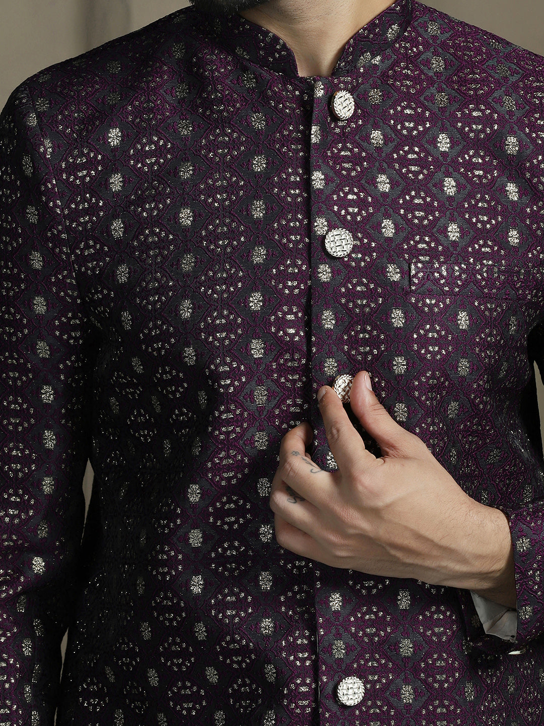 Zavaya Purple Embroidery Jacquard Sherwani Pyjama Set for Men