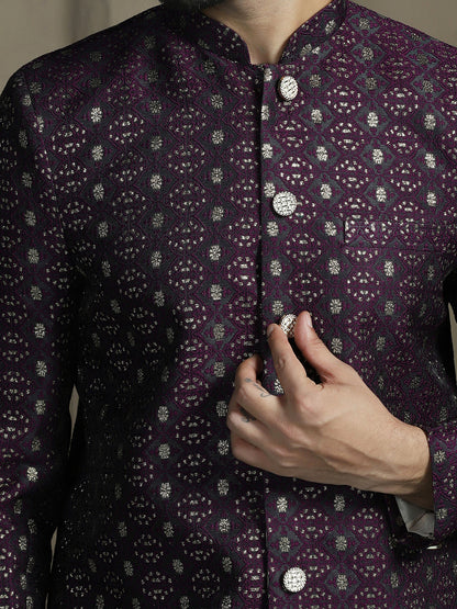 Zavaya Purple Embroidery Jacquard Sherwani Pyjama Set for Men