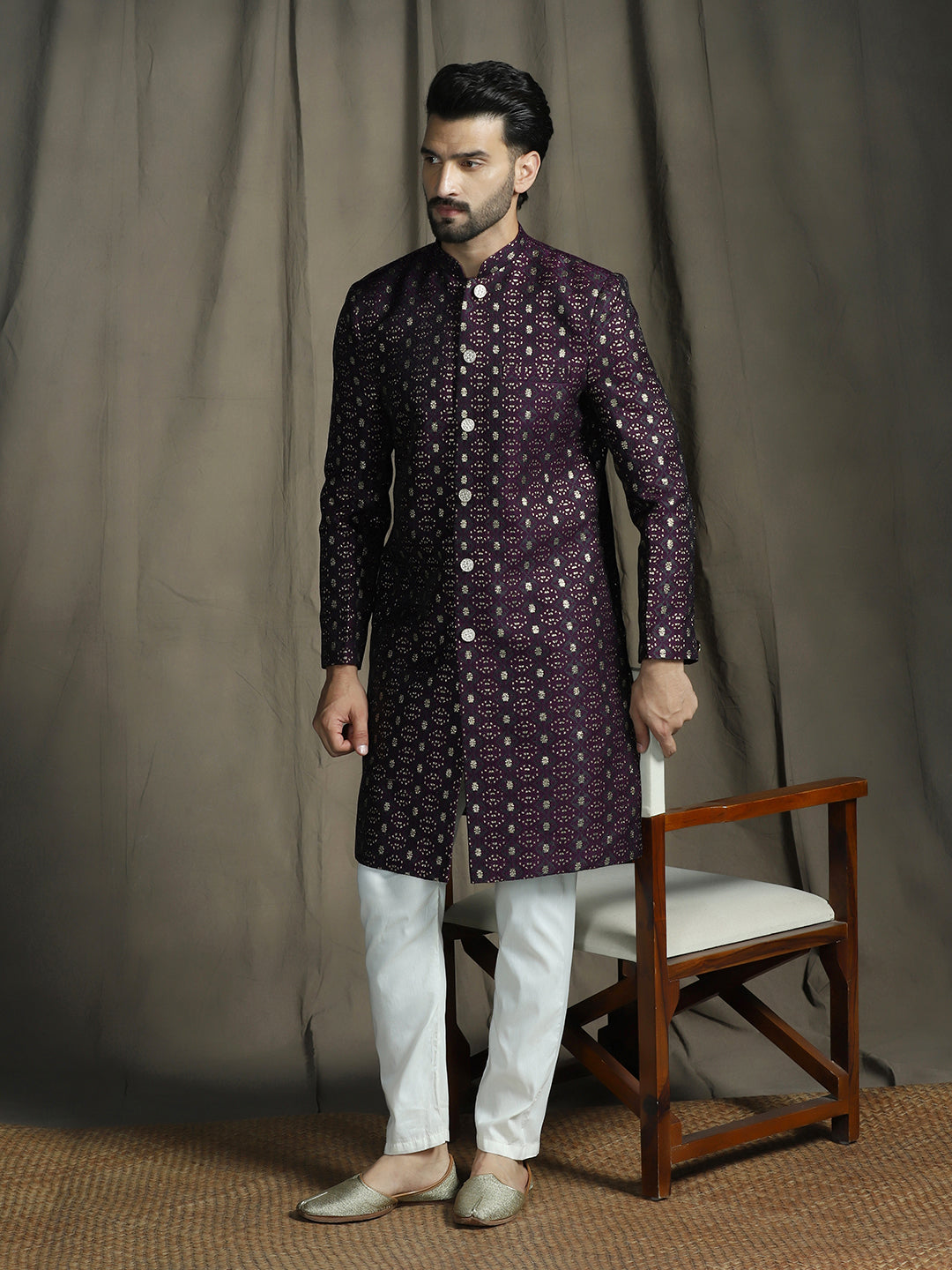 Zavaya Purple Embroidery Jacquard Sherwani Pyjama Set for Men