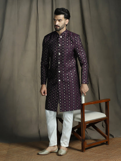 Zavaya Purple Embroidery Jacquard Sherwani Pyjama Set for Men