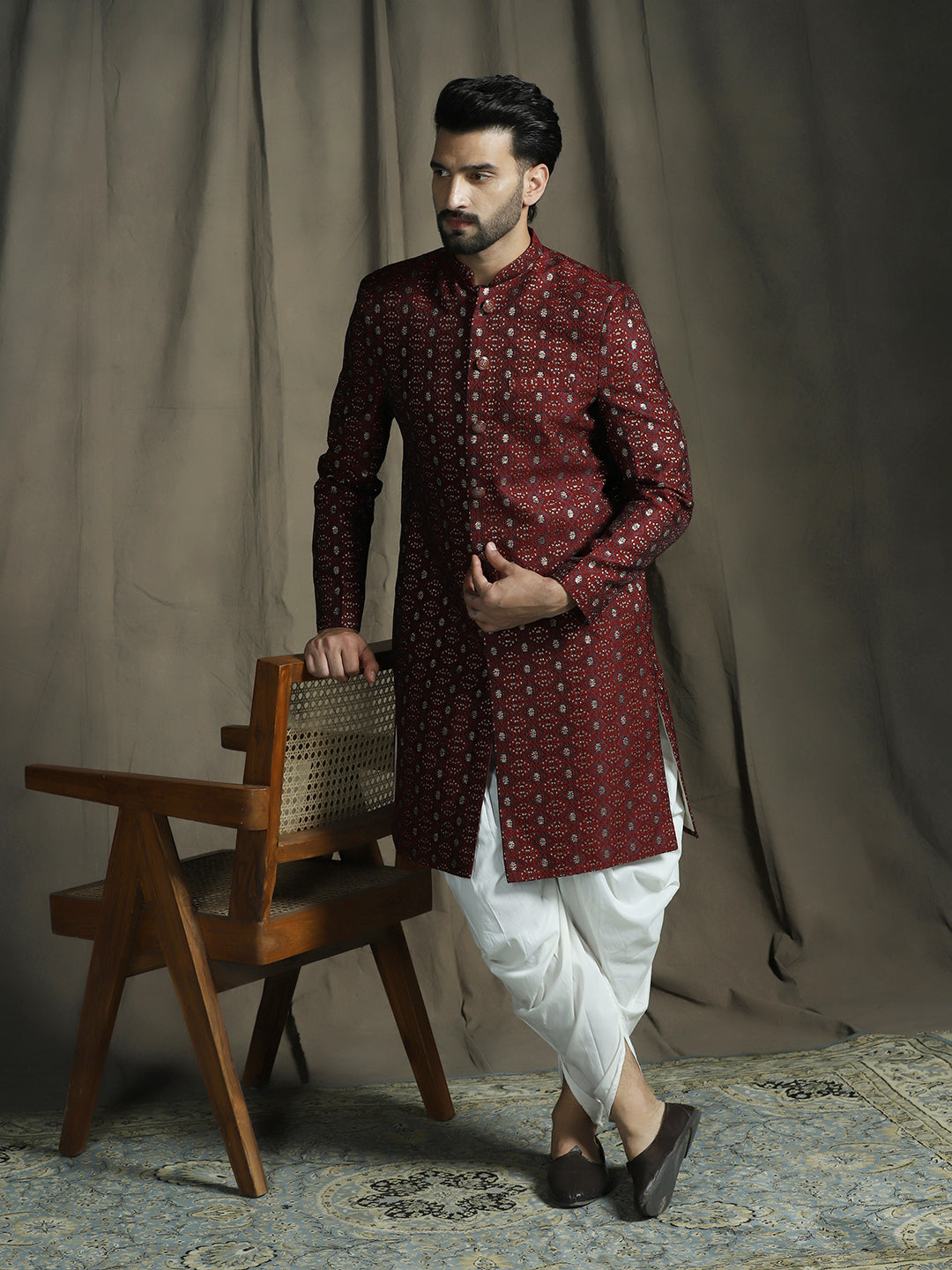 Zavaya Maroon Embroidery Jacquard Sherwani Dhoti Set for Men