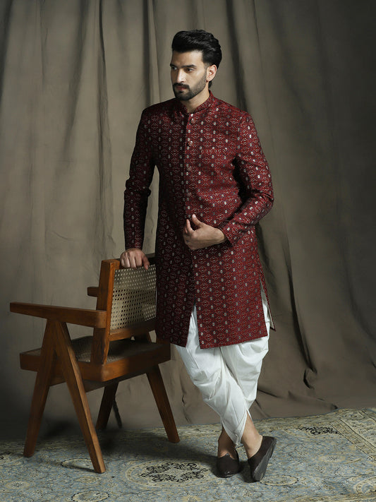 Zavaya Maroon Embroidery Jacquard Sherwani Dhoti Set for Men