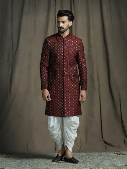 Zavaya Maroon Embroidery Jacquard Sherwani Dhoti Set for Men
