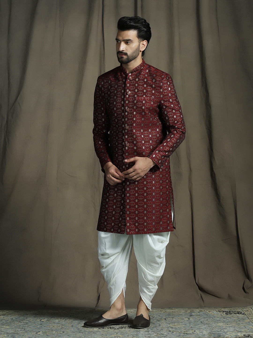 Zavaya Maroon Embroidery Jacquard Sherwani Dhoti Set for Men