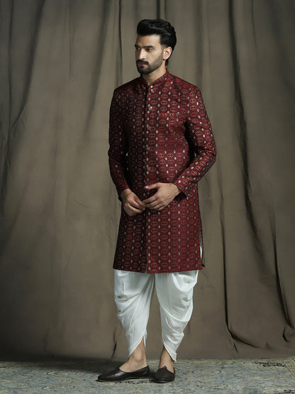 Zavaya Maroon Embroidery Jacquard Sherwani Dhoti Set for Men