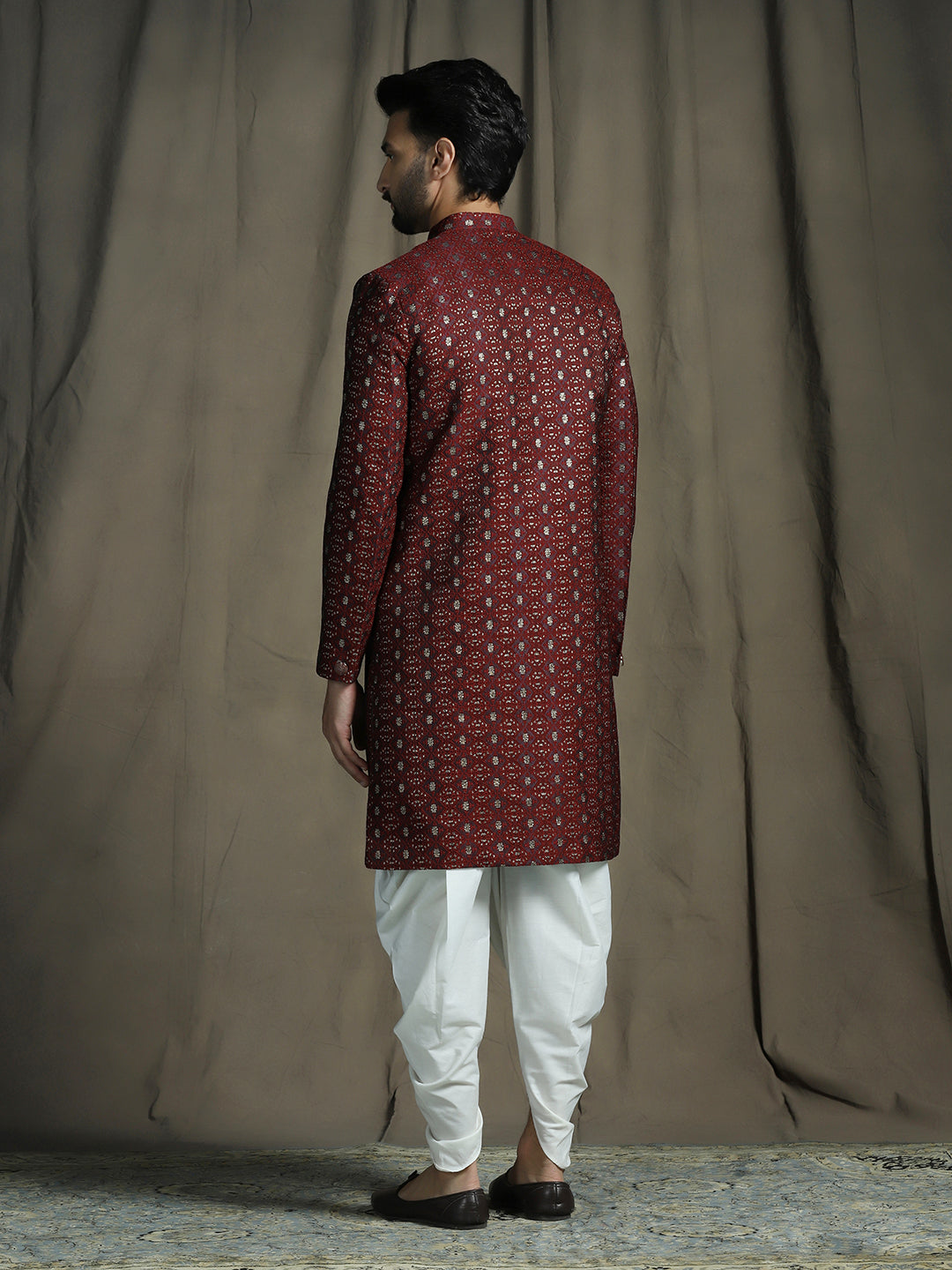 Zavaya Maroon Embroidery Jacquard Sherwani Dhoti Set for Men