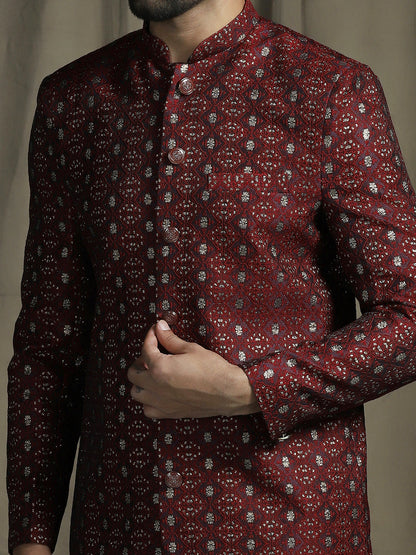 Zavaya Maroon Embroidery Jacquard Sherwani Dhoti Set for Men