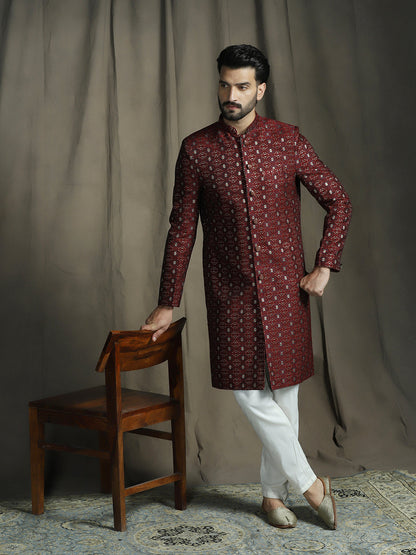 Zavaya Maroon Embroidery Jacquard Sherwani Pyjama Set for Men