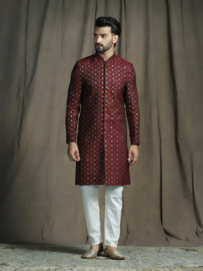 Zavaya Maroon Embroidery Jacquard Sherwani Pyjama Set for Men