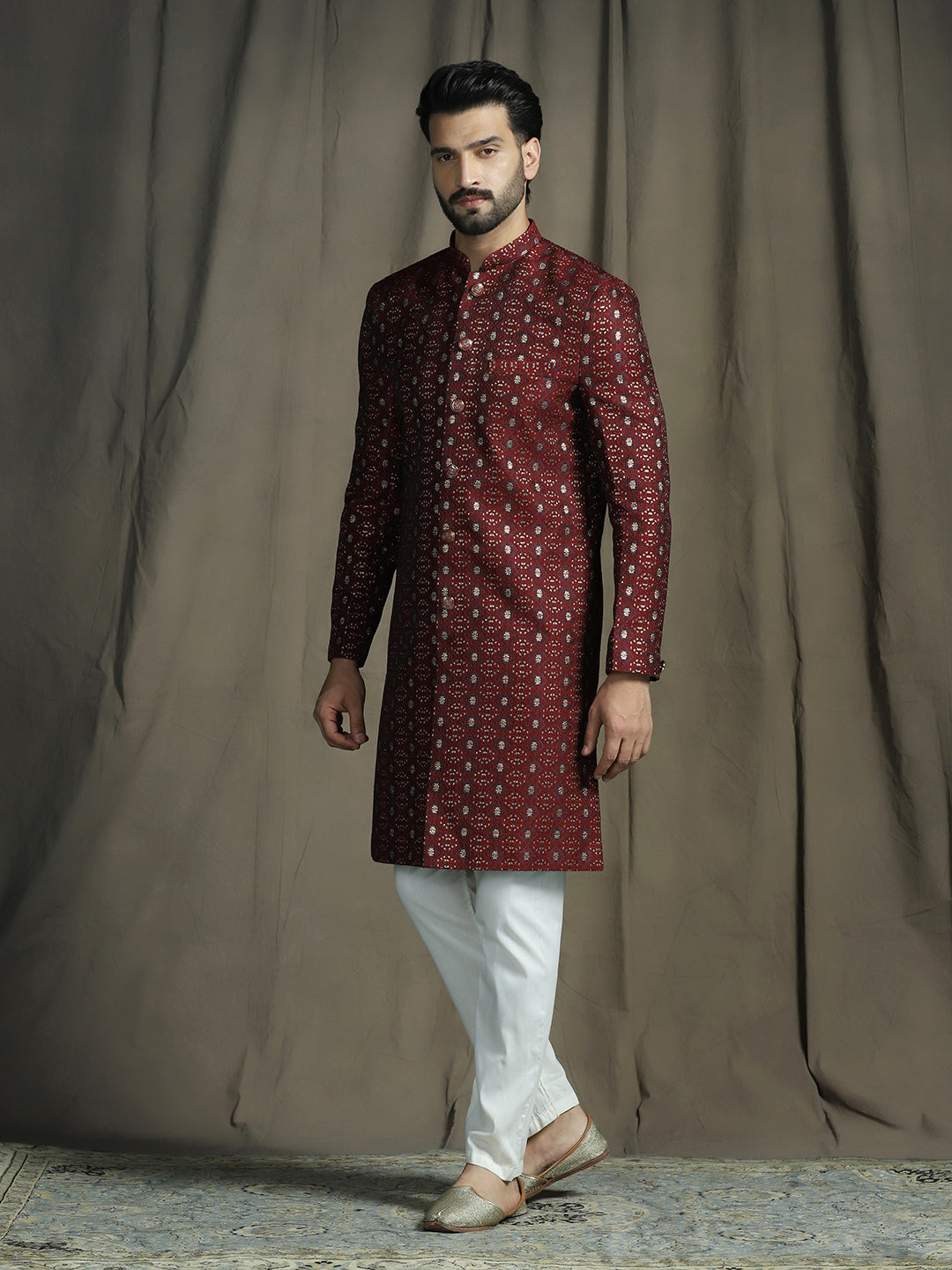 Zavaya Maroon Embroidery Jacquard Sherwani Pyjama Set for Men