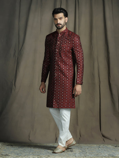 Zavaya Maroon Embroidery Jacquard Sherwani Pyjama Set for Men