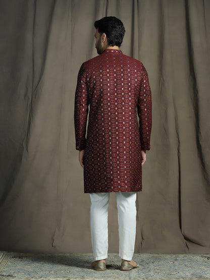 Zavaya Maroon Embroidery Jacquard Sherwani Pyjama Set for Men