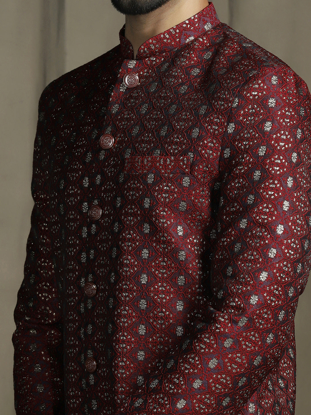 Zavaya Maroon Embroidery Jacquard Sherwani Pyjama Set for Men