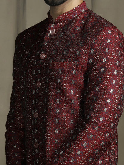 Zavaya Maroon Embroidery Jacquard Sherwani Pyjama Set for Men
