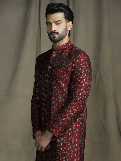 Zavaya Maroon Embroidery Jacquard Sherwani Pyjama Set for Men