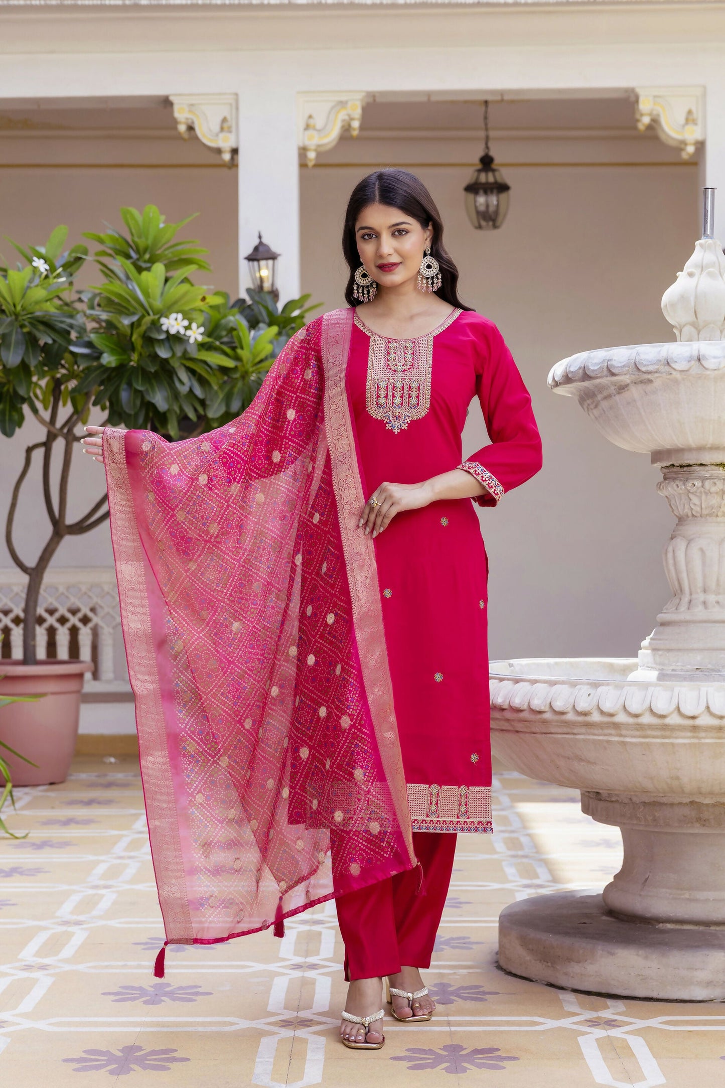 The52 Women's Beautiful Embroidery Work Viscose Chanderi Fabric Straight Kurta Pant and Dupatta Set-Red