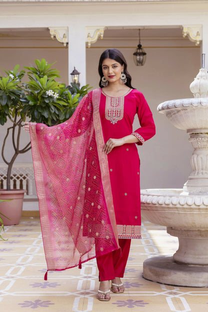 The52 Women's Beautiful Embroidery Work Viscose Chanderi Fabric Straight Kurta Pant and Dupatta Set-Red