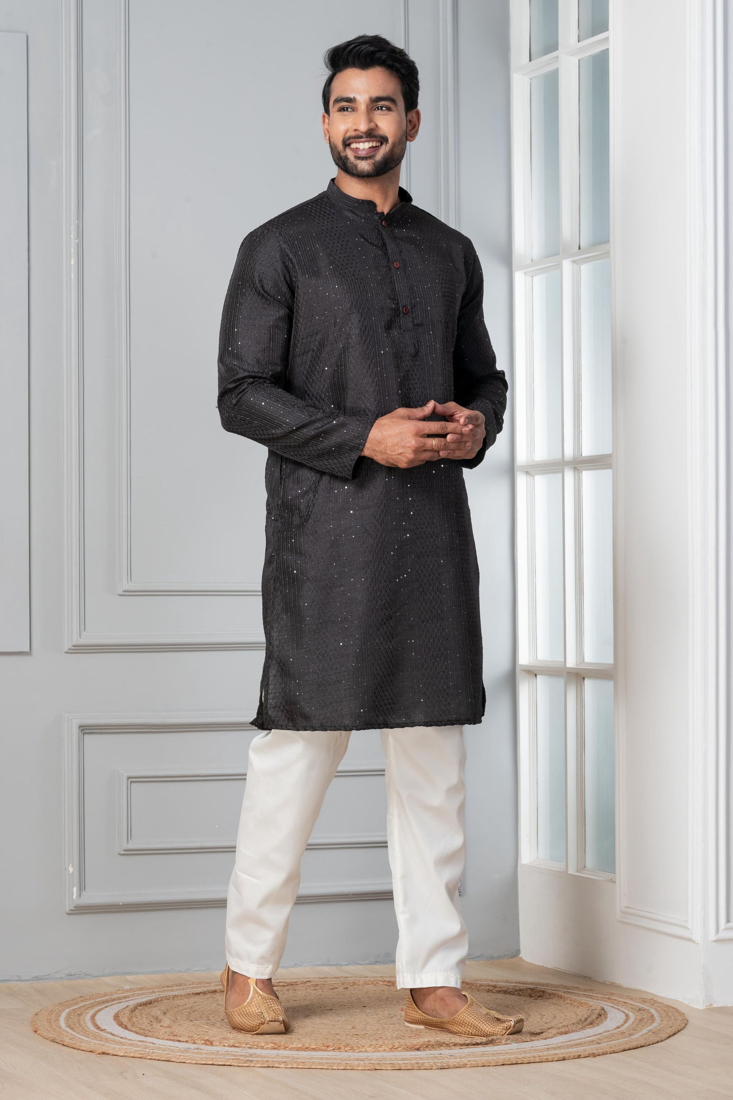 Zavaya Men Black Embroidery Silk Kurta