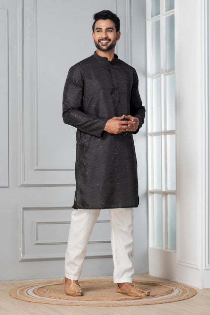 Zavaya Men Black Embroidery Silk Kurta