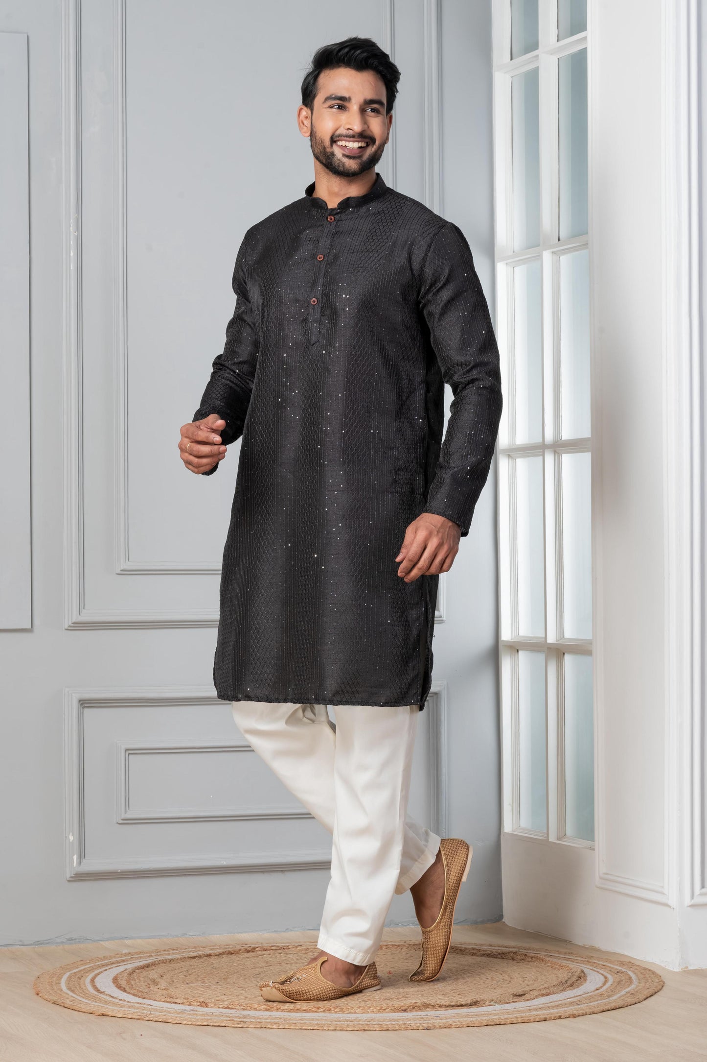 Zavaya Men Black Embroidery Silk Kurta