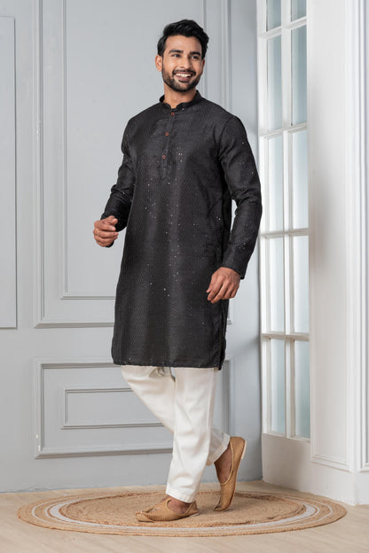 Zavaya Men Black Embroidery Silk Kurta