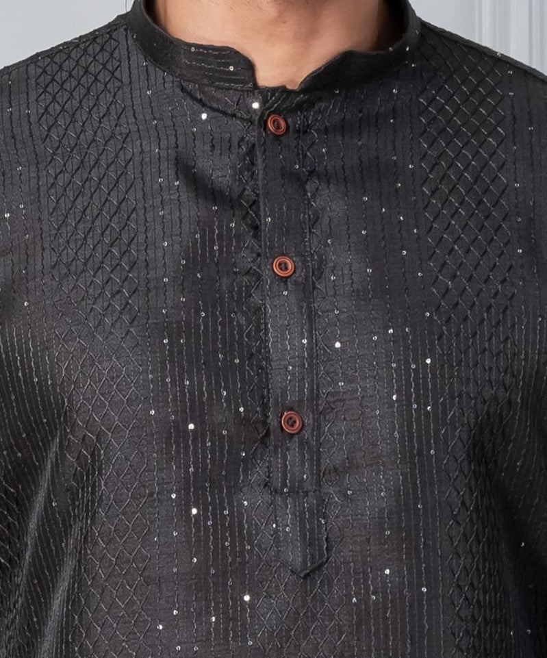 Zavaya Men Black Embroidery Silk Kurta