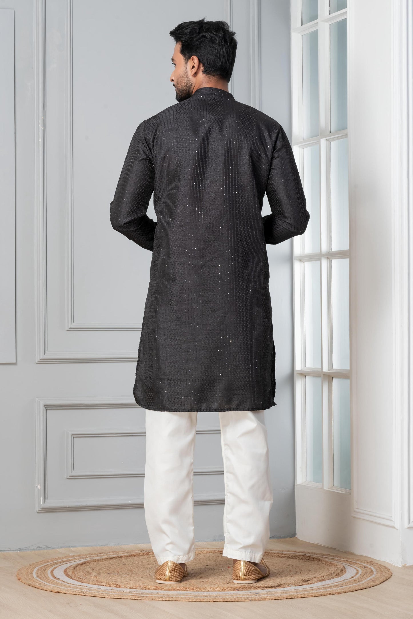 Zavaya Men Black Embroidery Silk Kurta