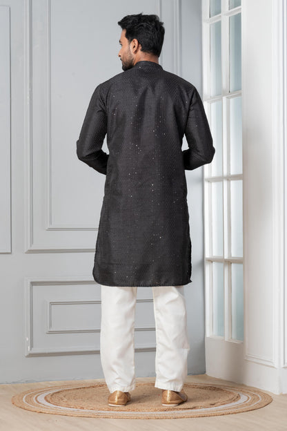 Zavaya Men Black Embroidery Silk Kurta