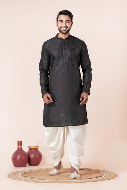 Zavaya Men Black Embroidery Silk Kurta Dhoti Set