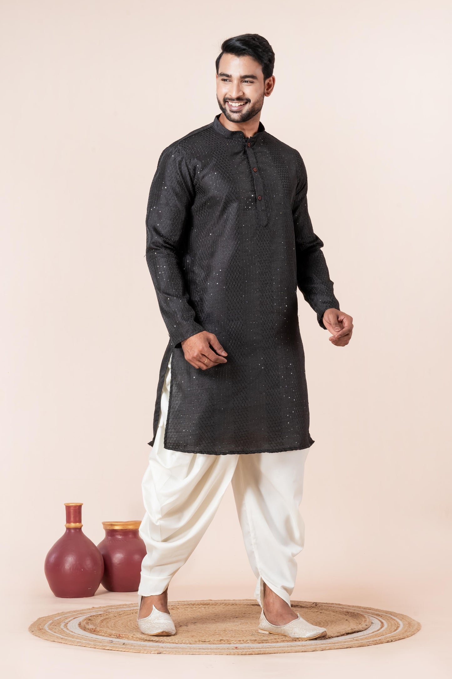 Zavaya Men Black Embroidery Silk Kurta Dhoti Set