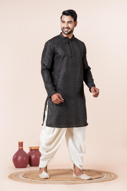 Zavaya Men Black Embroidery Silk Kurta Dhoti Set