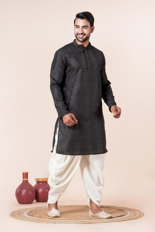Zavaya Men Black Embroidery Silk Kurta Dhoti Set