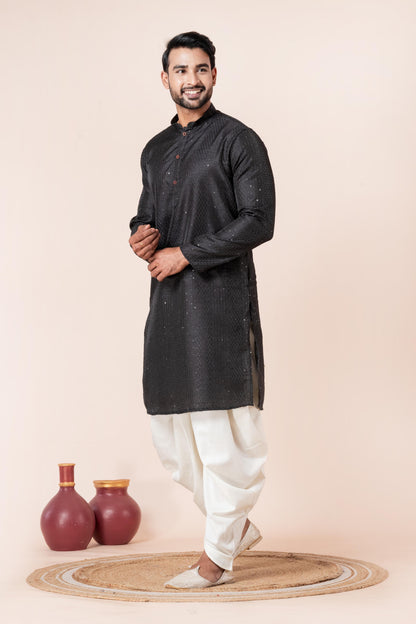 Zavaya Men Black Embroidery Silk Kurta Dhoti Set