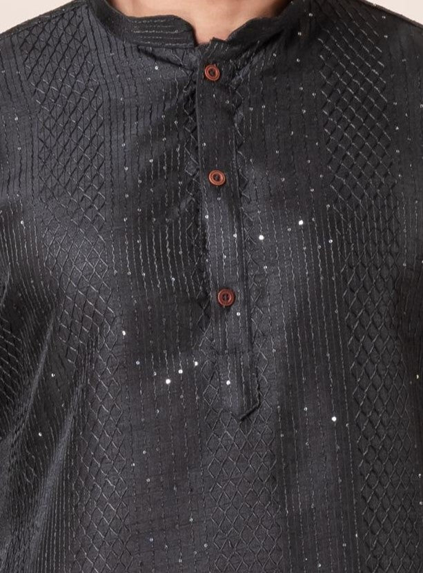 Zavaya Men Black Embroidery Silk Kurta Dhoti Set