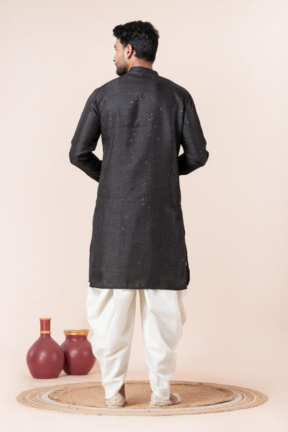 Zavaya Men Black Embroidery Silk Kurta Dhoti Set