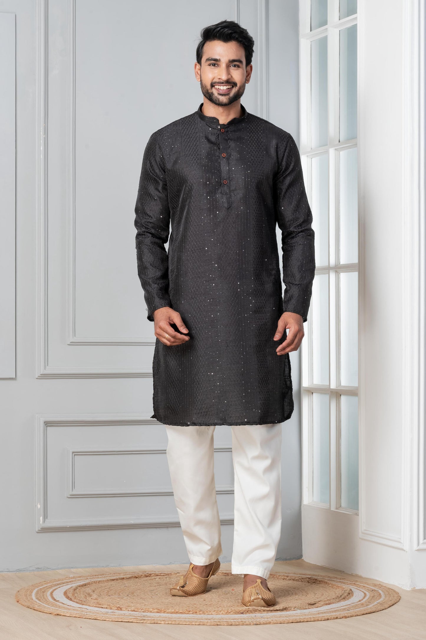 Zavaya Men Black Embroidery Silk Kurta Pyjama Set