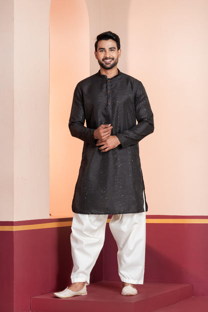 Zavaya Men Black Embroidery Silk Kurta Patiala Set
