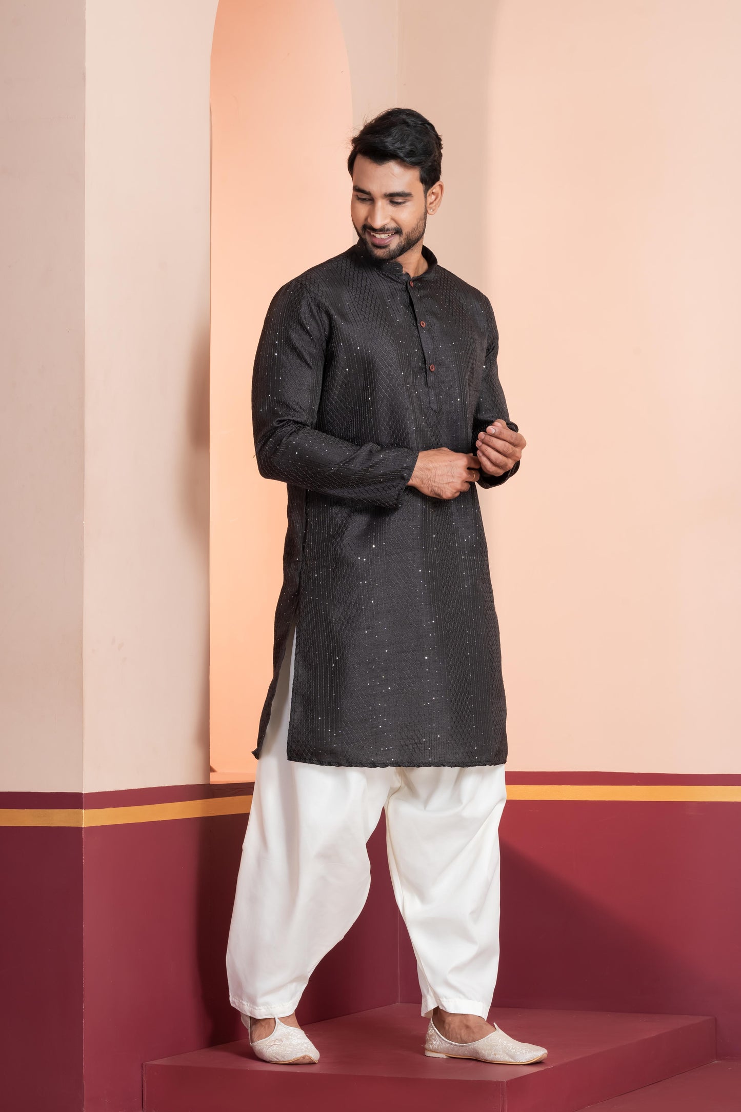 Zavaya Men Black Embroidery Silk Kurta Patiala Set