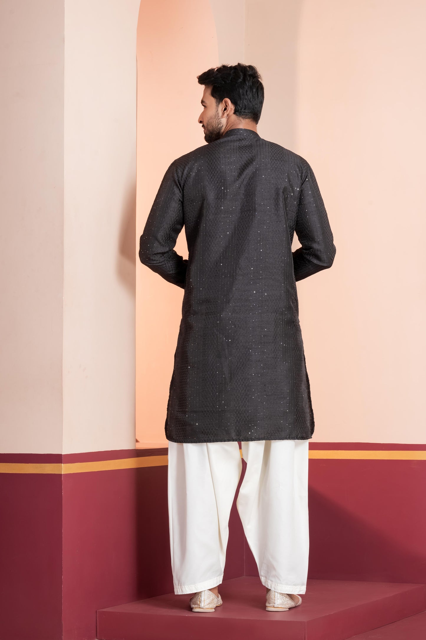 Zavaya Men Black Embroidery Silk Kurta Patiala Set