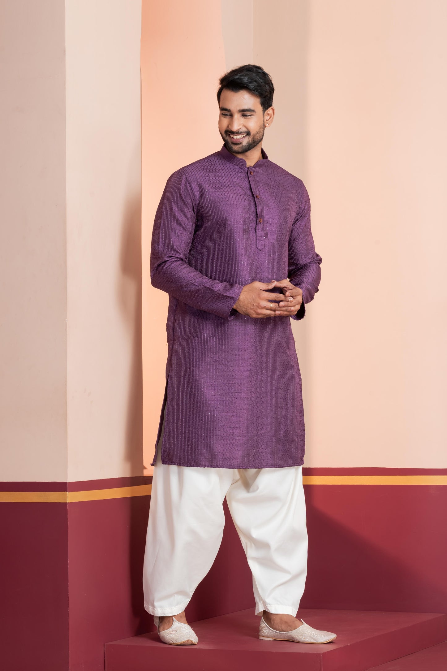Zavaya Men Purple Embroidery Silk Kurta