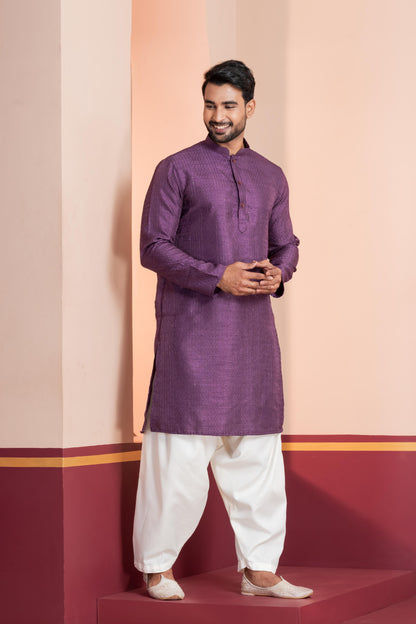 Zavaya Men Purple Embroidery Silk Kurta