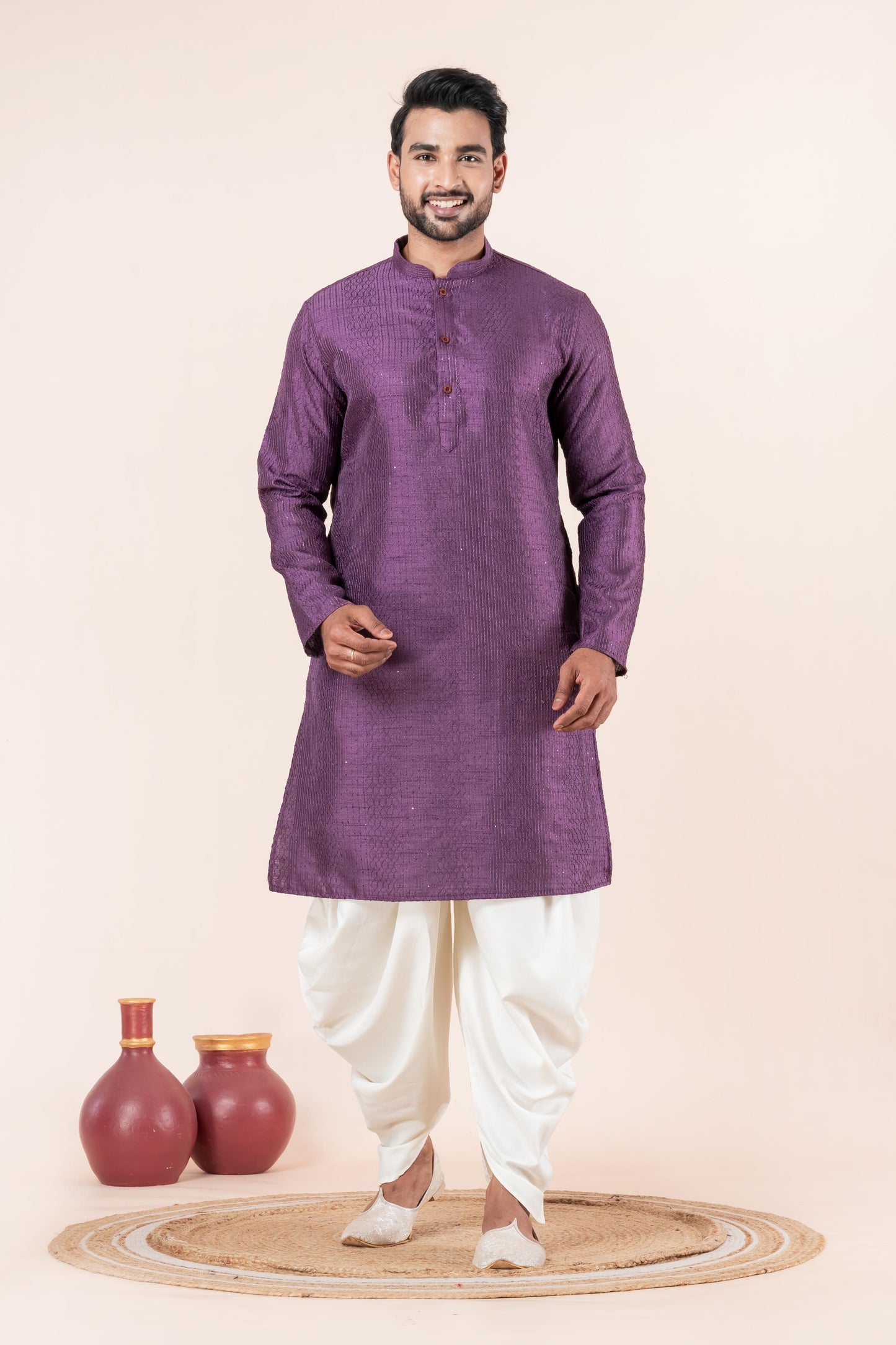 Zavaya Men Purple Embroidery Silk Kurta Dhoti Set