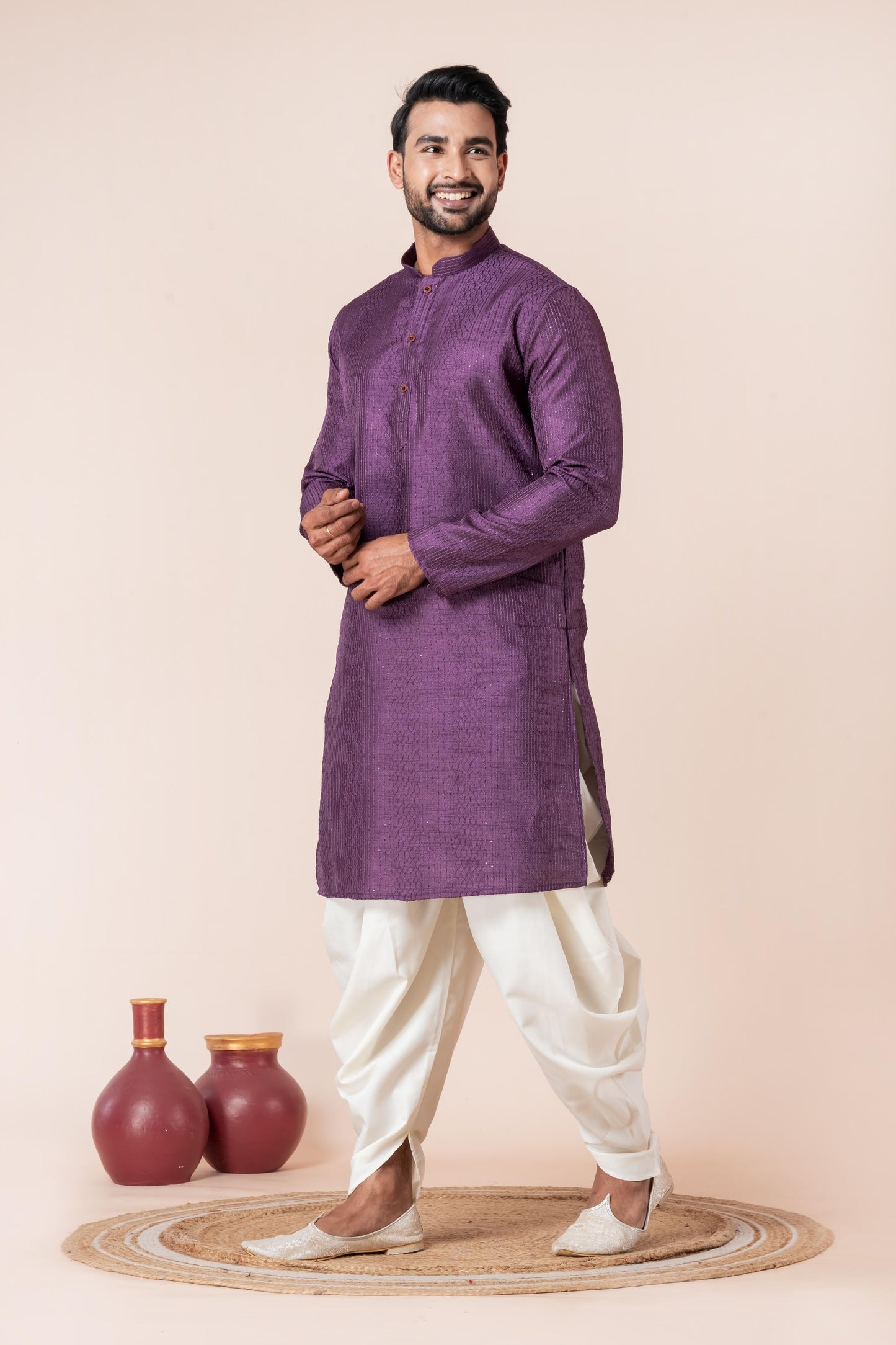 Zavaya Men Purple Embroidery Silk Kurta Dhoti Set