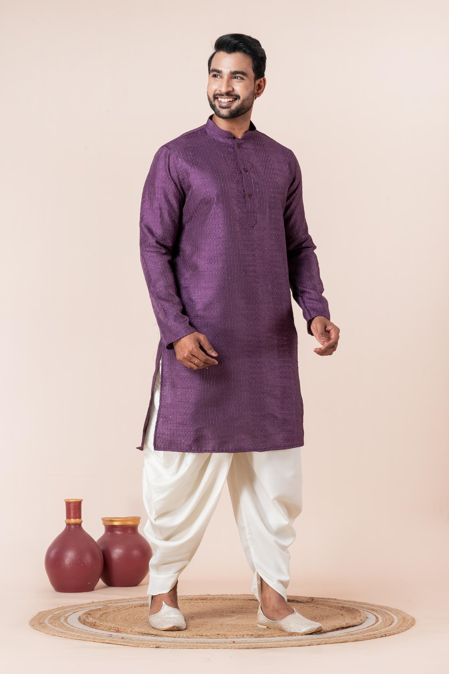 Zavaya Men Purple Embroidery Silk Kurta Dhoti Set