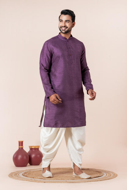 Zavaya Men Purple Embroidery Silk Kurta Dhoti Set