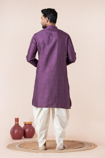 Zavaya Men Purple Embroidery Silk Kurta Dhoti Set